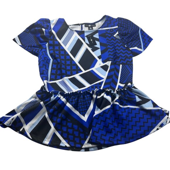 Ashley Stewart Peplum Top Women's Size Large  14/16‎ Blue Geometric Design NEW - Picture 3 of 8